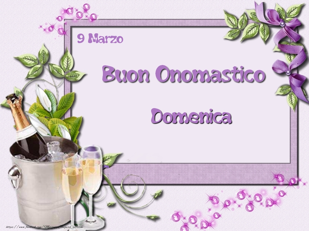 Buon Onomastico, Domenica! 9 Marzo | Cartolina con champagne su sfondo con fiori viola | Cartoline di onomastico