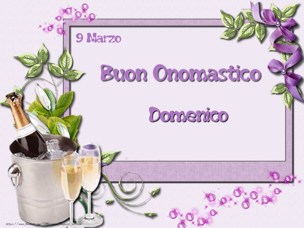 Buon Onomastico, Domenico! 9 Marzo | Cartolina con champagne su sfondo con fiori viola | Cartoline di onomastico